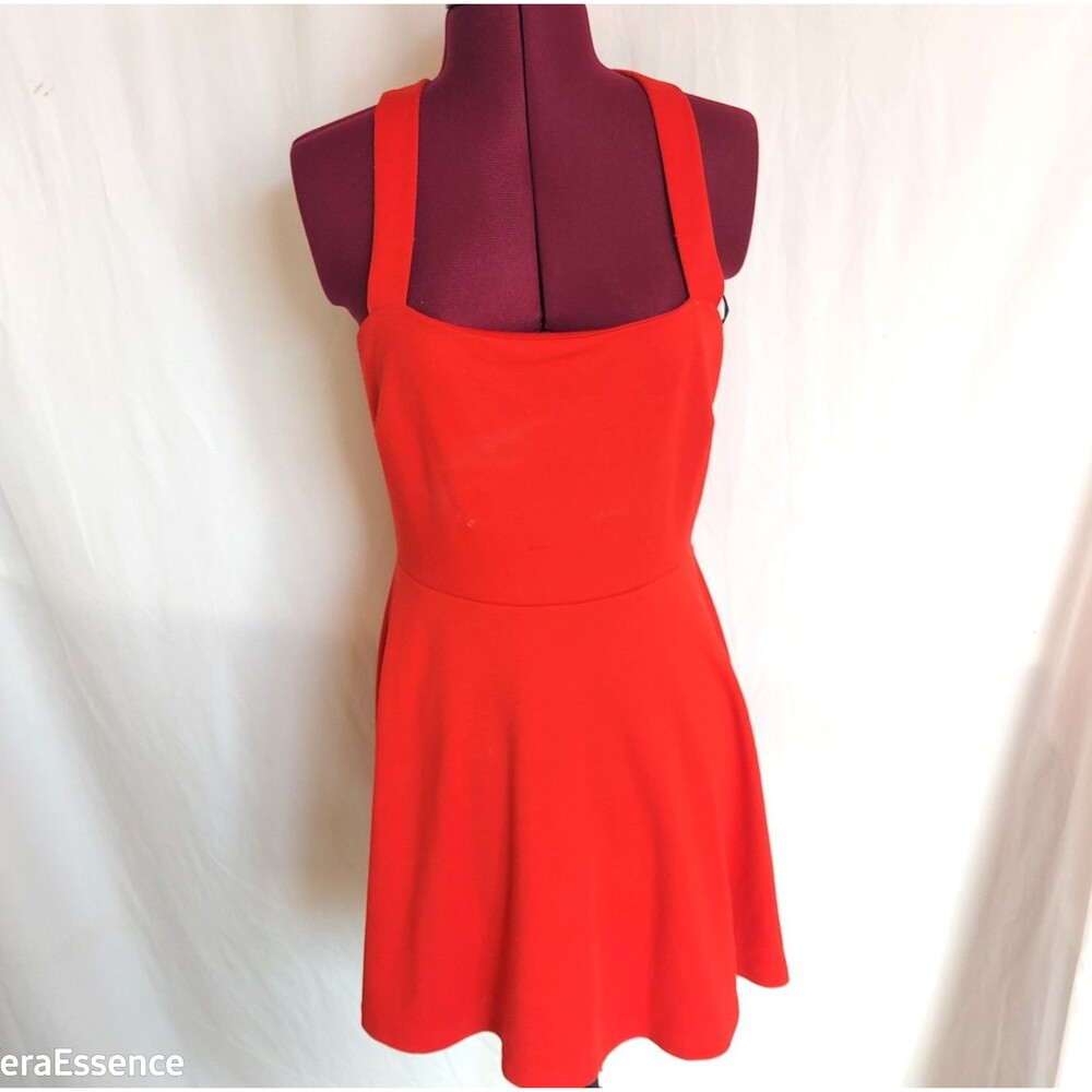 Forever 21 Women Dress Large Red wide cross Straps Sleeveless Fit Flared Mini